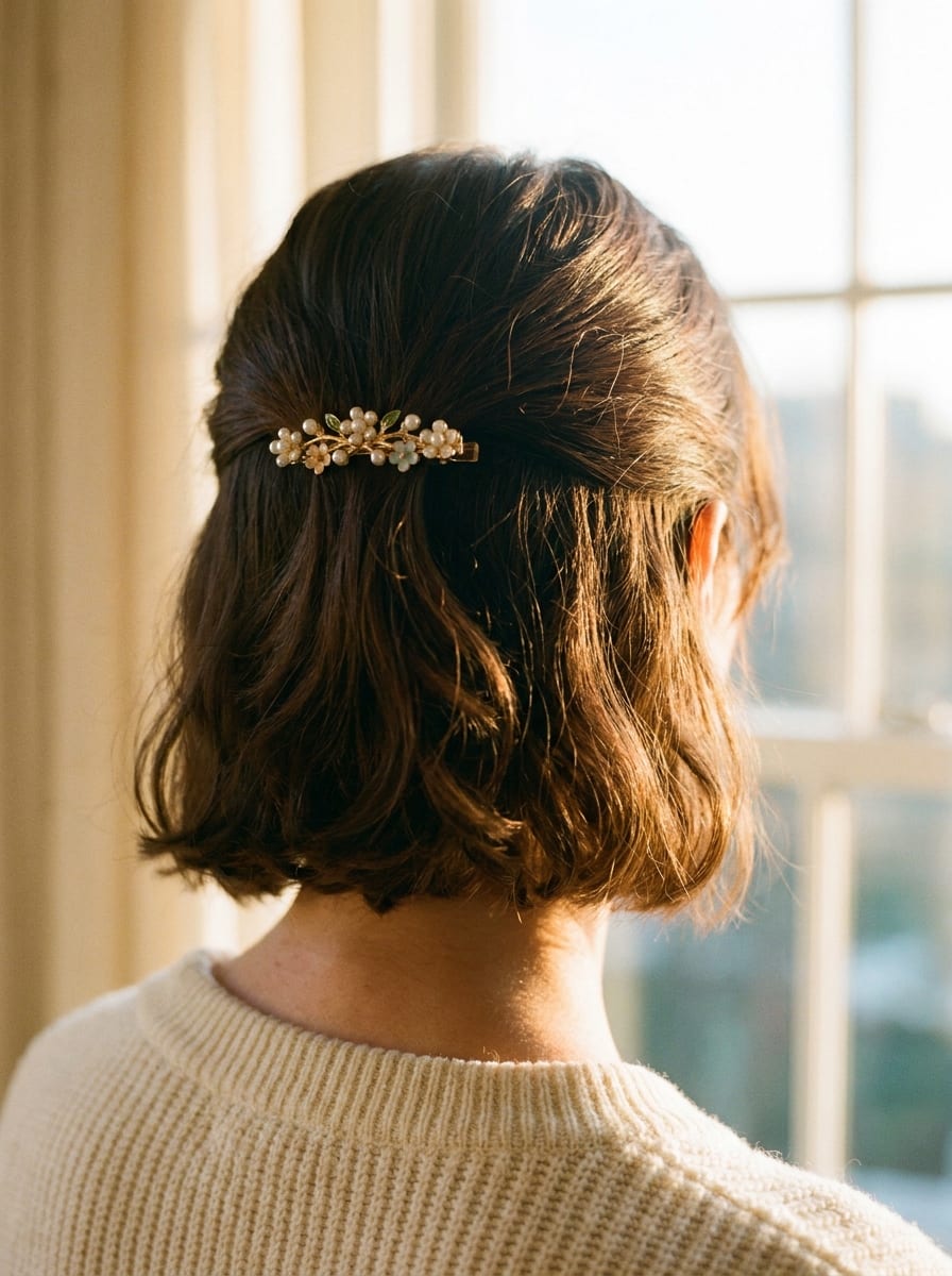 Half-up Bob mit Haarspange - Oktoberfest Frisur für kurze Haare
